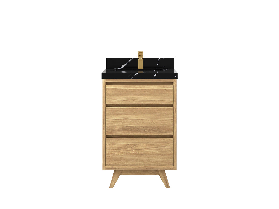 Madison Teak 24 in. W x 22 in. D Single Sink Bathroom Vanity in Light Natural with 2 in Calacatta Black Quartz Countertop