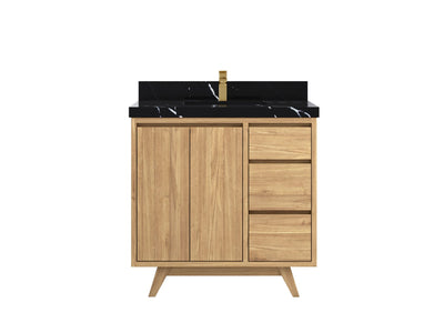 Madison Teak 36 in. W x 22 in. D Center Sink Bathroom Vanity in Light Natural with 2 in Calacatta Black Quartz Countertop