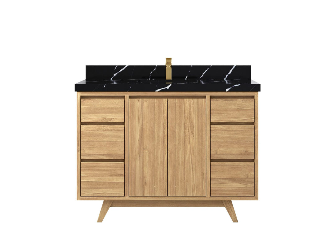 Madison Teak 48 in. W x 22 in. D Single Sink Bathroom Vanity in Light Natural with 2 in Calacatta Black Quartz Countertop