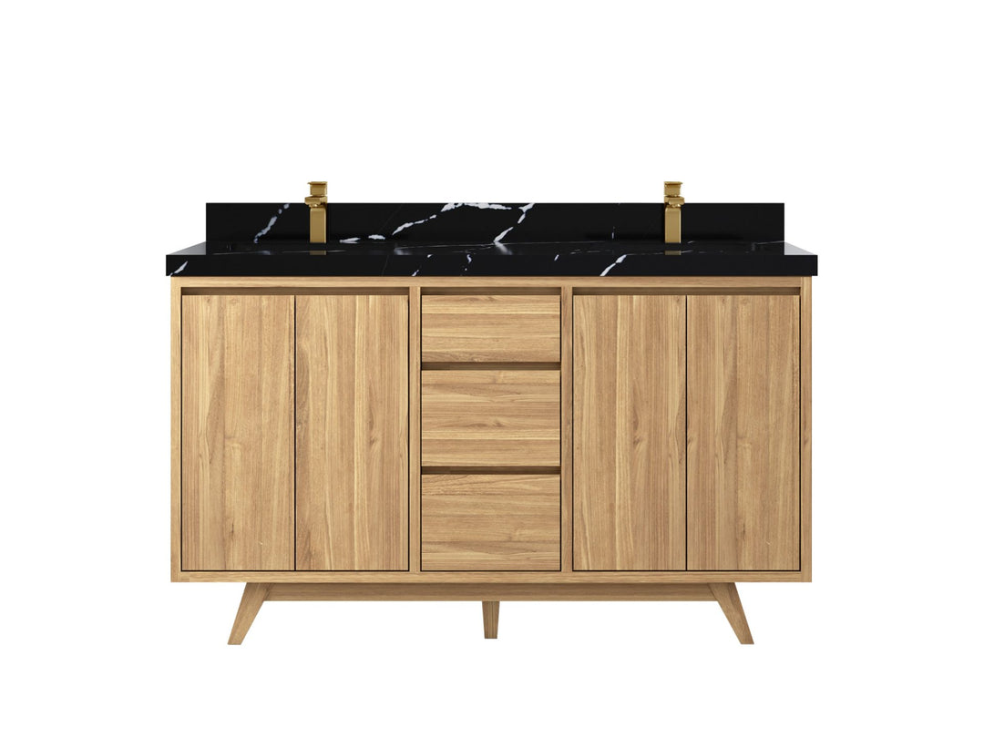 Madison Teak 60 in. W x 22 in. D Double Sink Bathroom Vanity in Light Natural with 2 in Calacatta Black Quartz Countertop