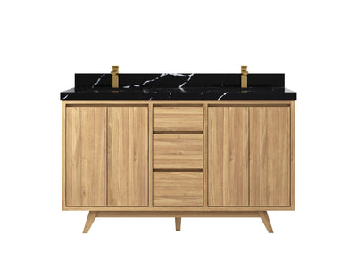 Madison Teak 60 in. W x 22 in. D Double Sink Bathroom Vanity in Light Natural with 2 in Calacatta Black Quartz Countertop