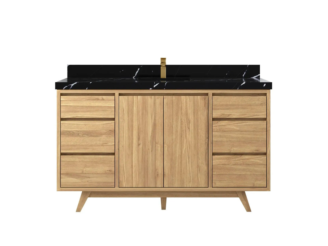 Madison Teak 60 in. W x 22 in. D Single Sink Bathroom Vanity in Light Natural with 2 in Calacatta Black Quartz Countertop
