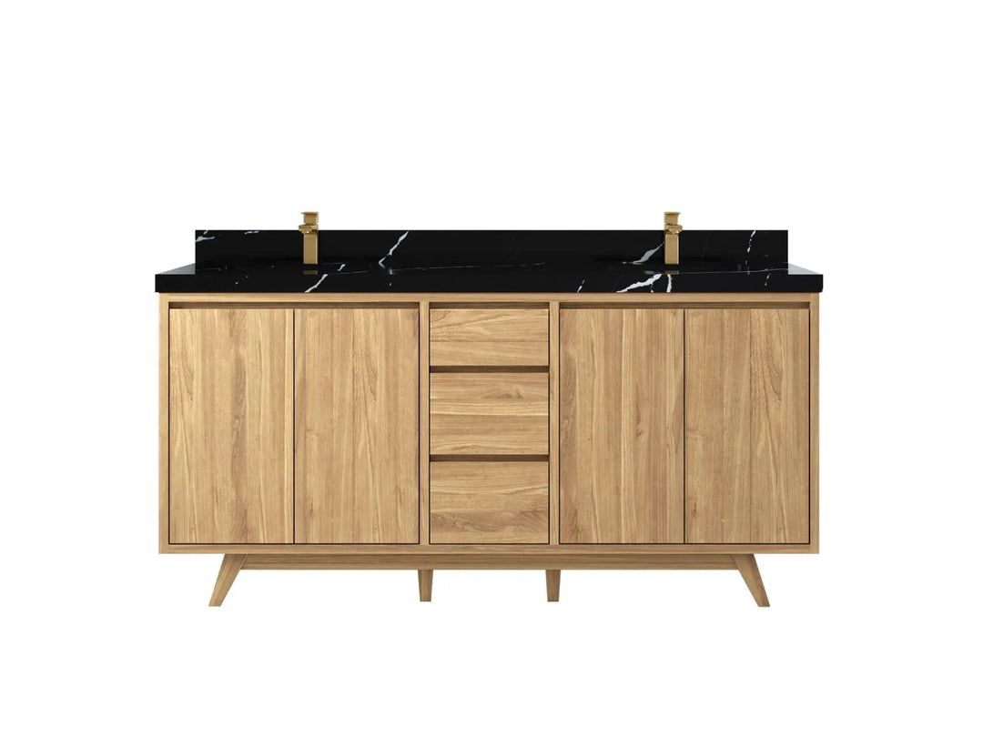 Madison Teak 72 in. W x 22 in. D Double Sink Bathroom Vanity in Light Natural with 2 in Calacatta Black Quartz Countertop
