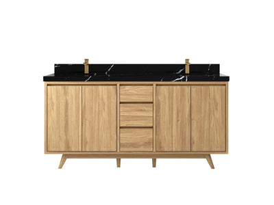 Madison Teak 72 in. W x 22 in. D Double Sink Bathroom Vanity in Light Natural with 2 in Calacatta Black Quartz Countertop