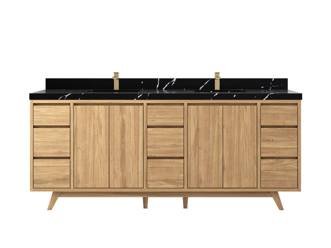Madison Teak 84 in. W x 22 in. D Double Sink Bathroom Vanity in Light Natural with 2 in Calacatta Black Quartz Countertop