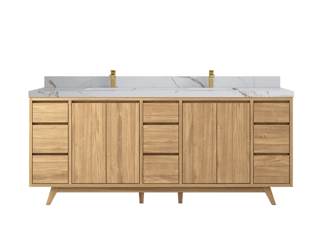 Madison Teak 84 in. W x 22 in. D Double Sink Bathroom Vanity in Light Natural with 2 in Calacatta Gold Quartz Countertop