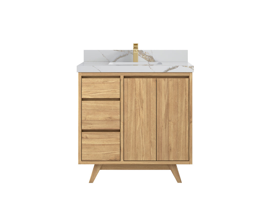 Madison Teak 36 in. W x 22 in. D Center Sink Bathroom Vanity in Light Natural with 2 in Calacatta Gold Quartz Countertop