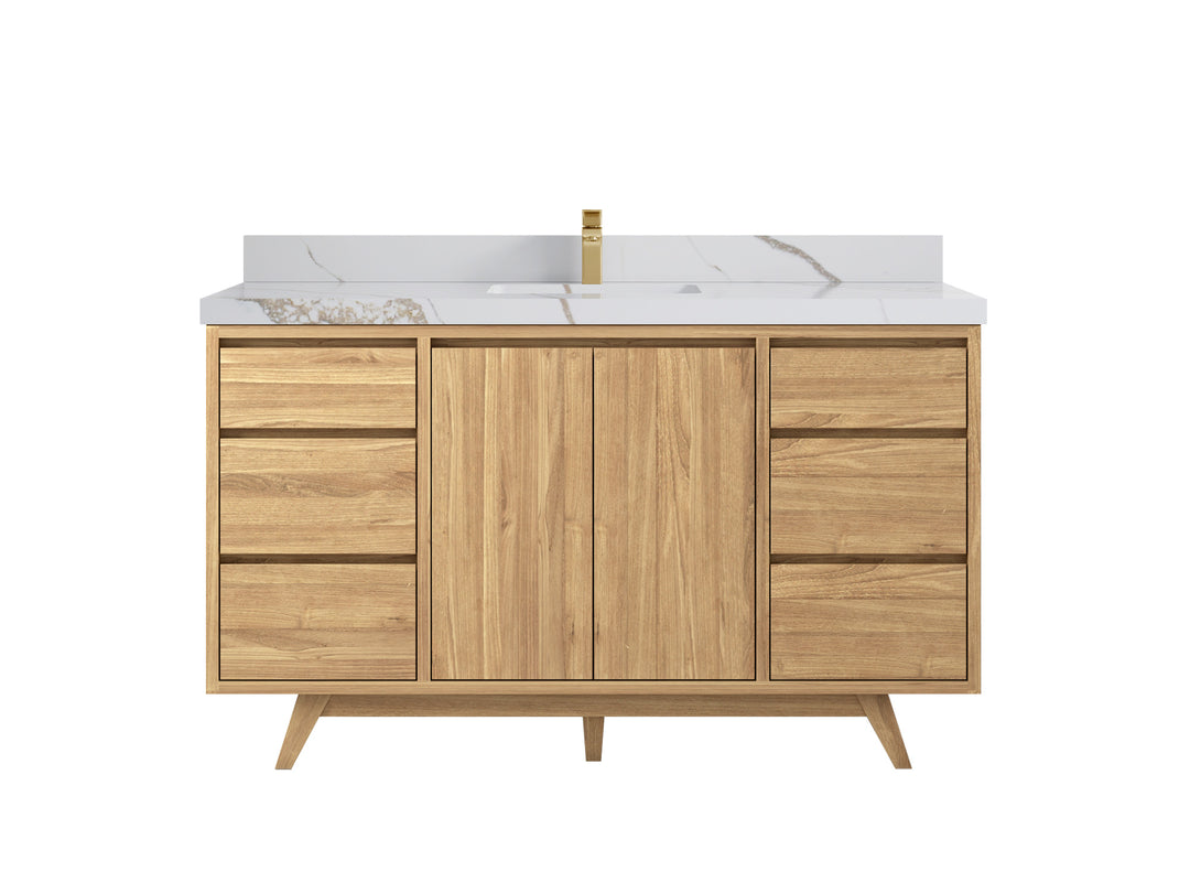 Madison Teak 60 in. W x 22 in. D Single Sink Bathroom Vanity in Light Natural with 2 in Calacatta Gold Quartz Countertop