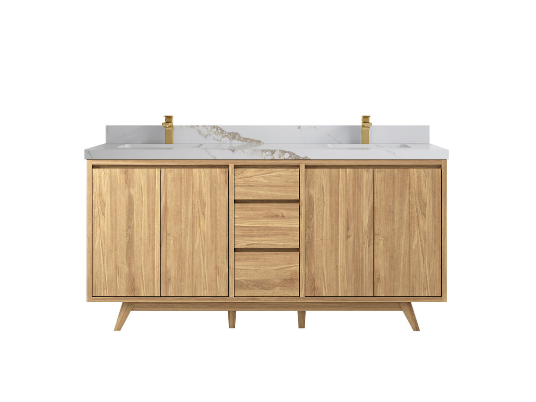 Madison Teak 72 in. W x 22 in. D Double Sink Bathroom Vanity in Light Natural with 2 in Calacatta Gold Quartz Countertop