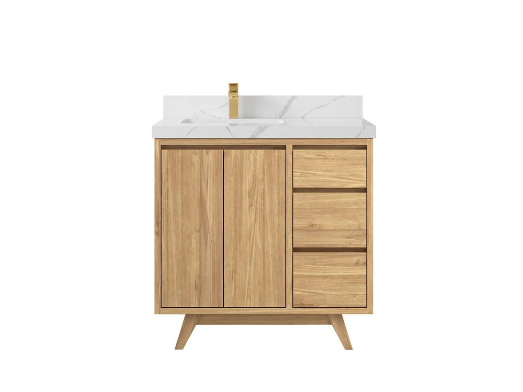 Madison Teak 36 in. W x 22 in. D Left Offset Sink Bathroom Vanity in Light Natural with 2 in Calacatta Laza Quartz Countertop