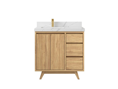 Madison Teak 36 in. W x 22 in. D Left Offset Sink Bathroom Vanity in Light Natural with 2 in Calacatta Laza Quartz Countertop