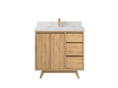 Madison Teak 36 in. W x 22 in. D Center Sink Bathroom Vanity in Light Natural with 2 in Calacatta Nuvo Quartz Countertop