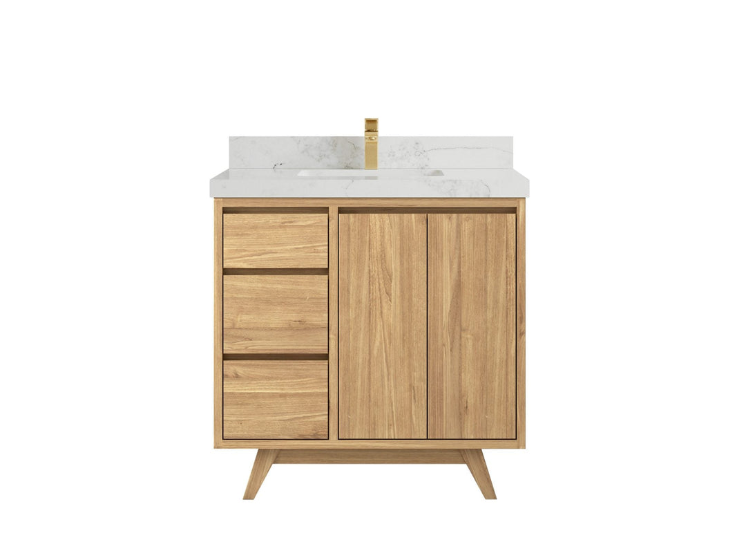 Madison Teak 36 in. W x 22 in. D Center Sink Bathroom Vanity in Light Natural with 2 in Calacatta Nuvo Quartz Countertop 