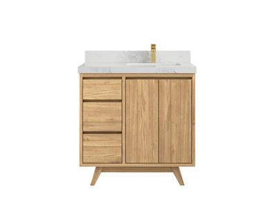 Madison Teak 36 in. W x 22 in. D Right Offset Sink Bathroom Vanity in Light Natural with 2 in Calacatta Nuvo Quartz Countertop