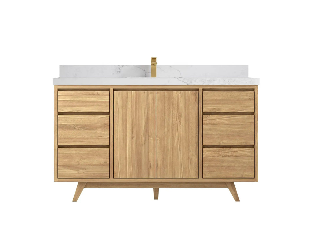Madison Teak 60 in. W x 22 in. D Single Sink Bathroom Vanity in Light Natural with 2 in Calacatta Nuvo Quartz Countertop 