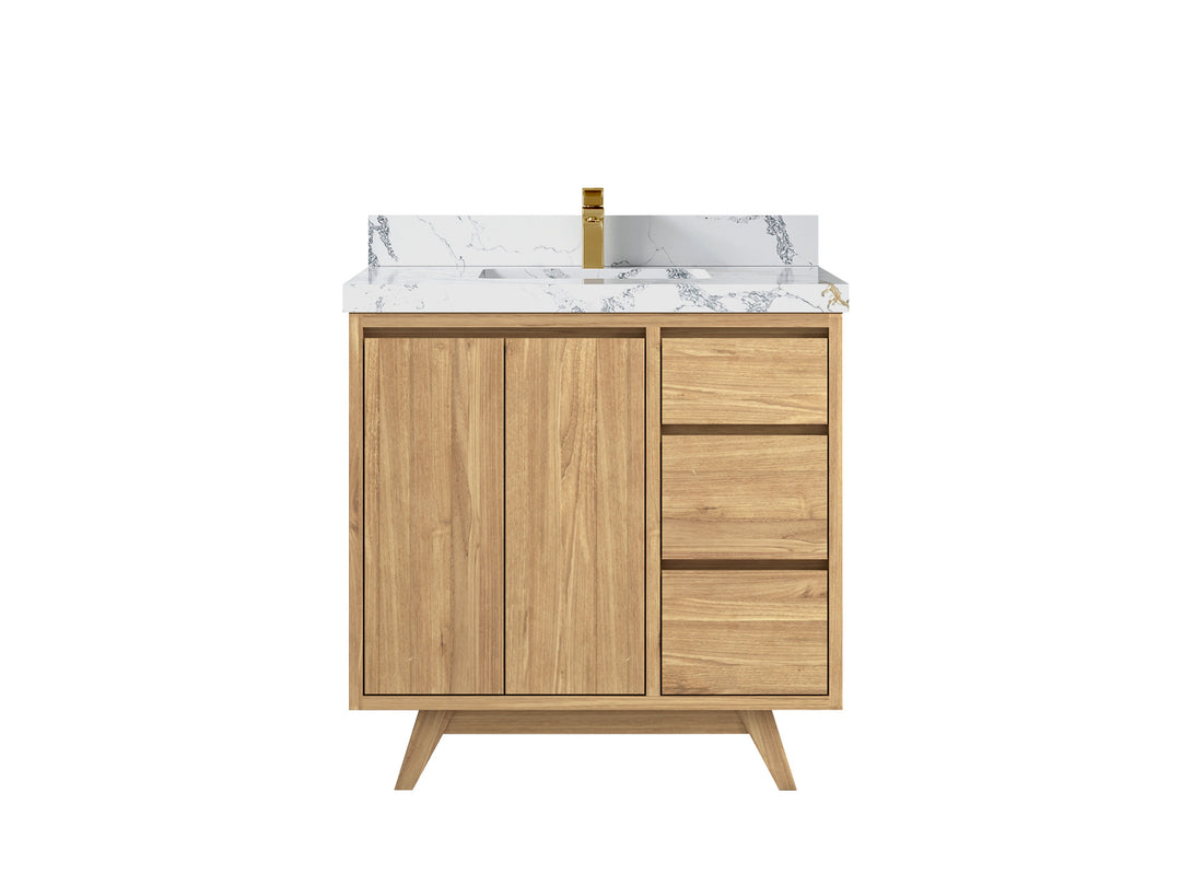 Madison Teak 36 in. W x 22 in. D Center Sink Bathroom Vanity in Light Natural with 2 in Calacatta Poanazzo Quartz Countertop