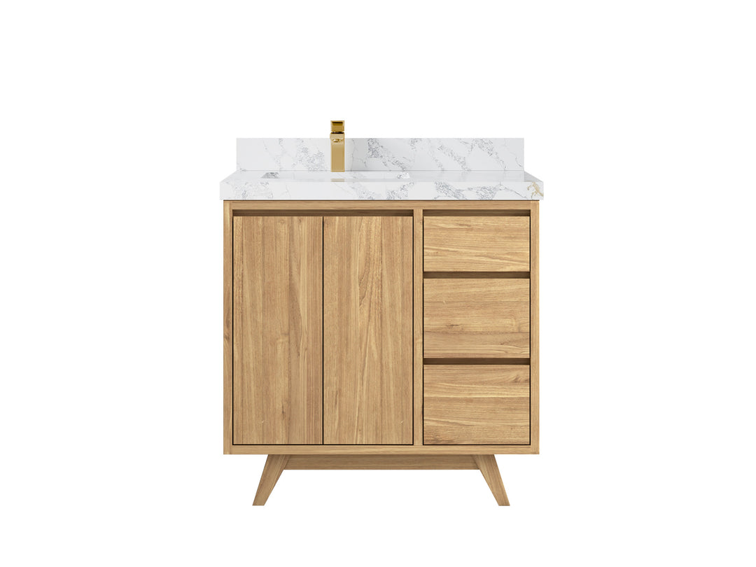 Madison Teak 36 in. W x 22 in. D Left Offset Sink Bathroom Vanity in Light Natural with 2 in Calacatta Poanazzo Quartz Countertop