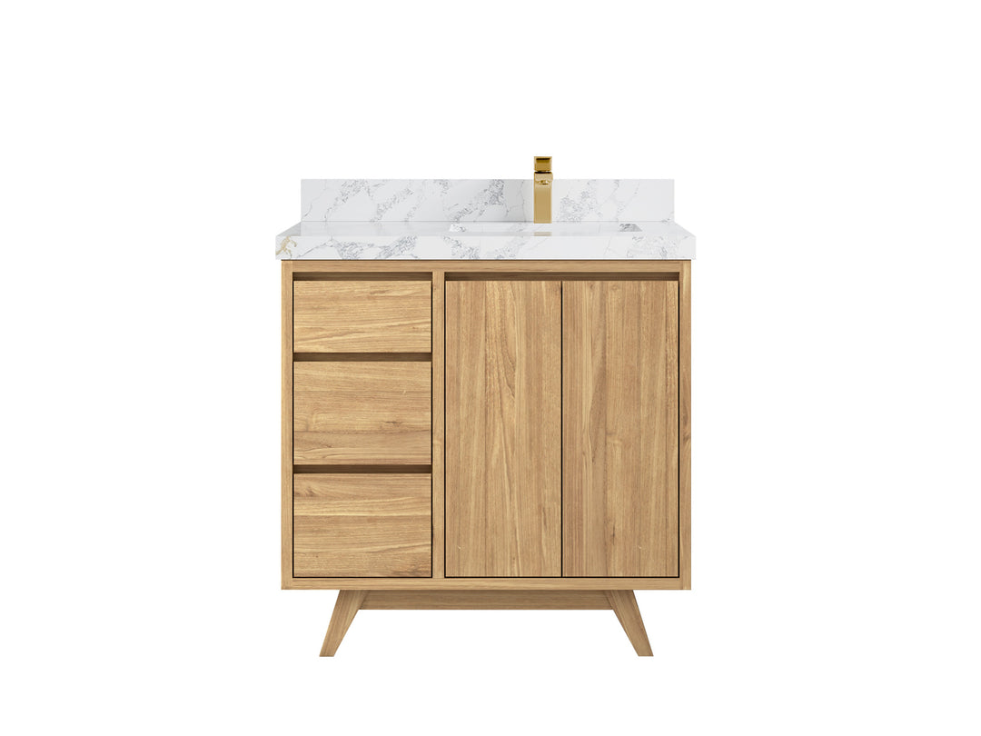 Madison Teak 36 in. W x 22 in. D Right Offset Sink Bathroom Vanity in Light Natural with 2 in Calacatta Poanazzo Quartz Countertop