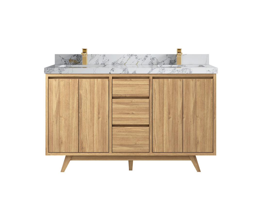 Madison Teak 60 in. W x 22 in. D Double Sink Bathroom Vanity in Light Natural with 2 in Calacatta Poanazzo Quartz Countertop