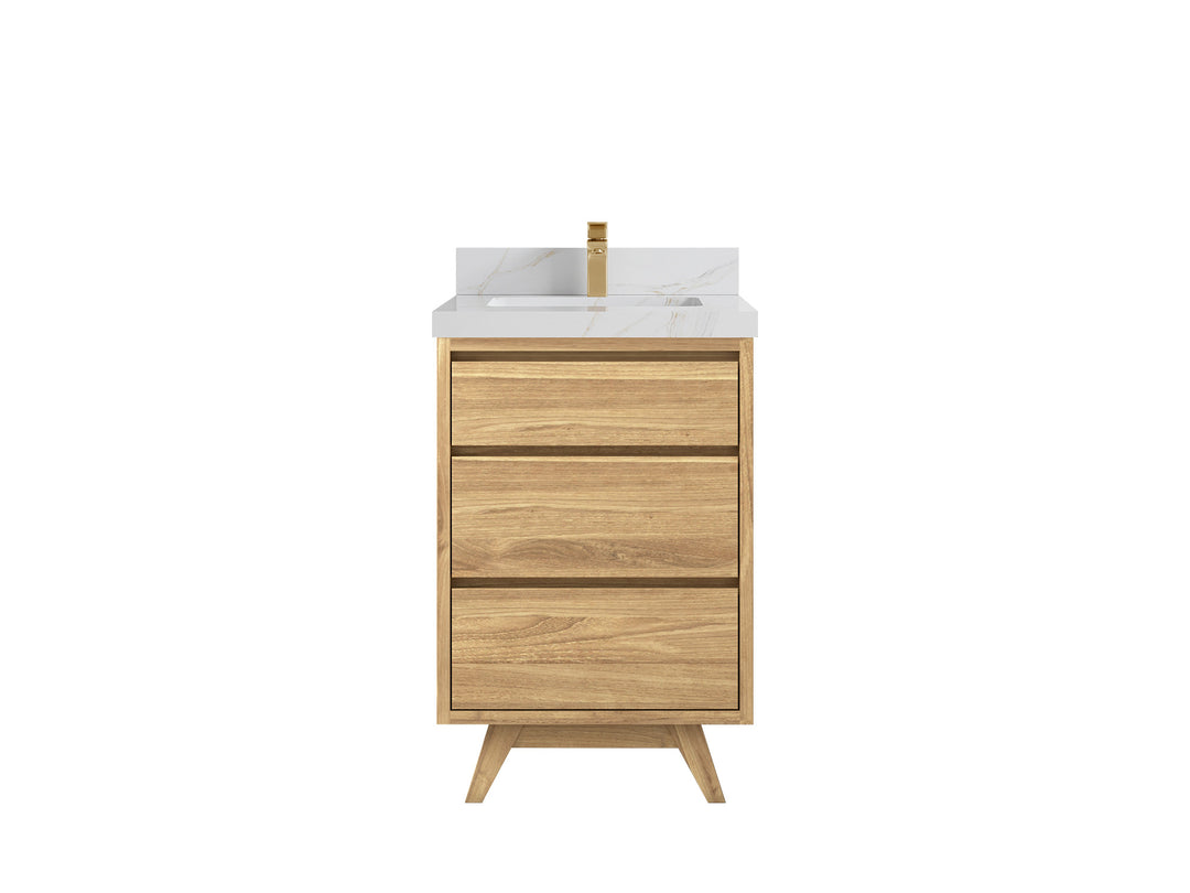 Madison Teak 24 in. W x 22 in. D Single Sink Bathroom Vanity in Light Natural with 2 in Calacatta Sienna Quartz Countertop