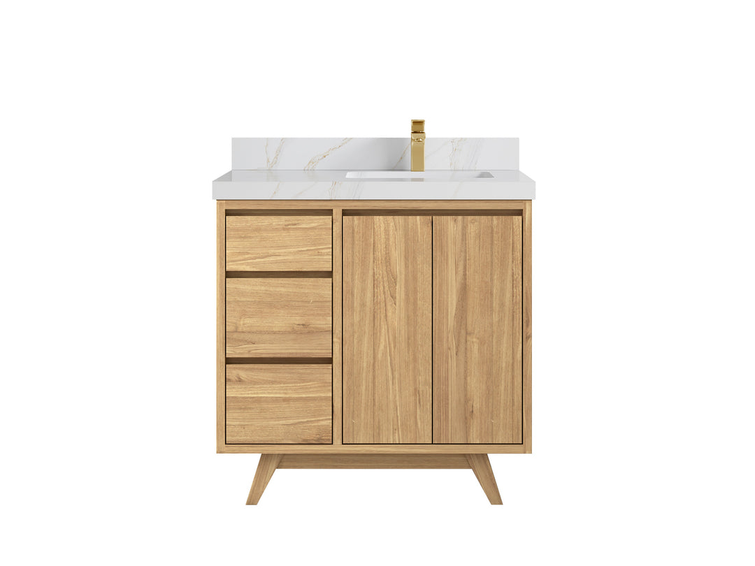 Madison Teak 36 in. W x 22 in. D Right Offset Sink Bathroom Vanity in Light Natural with 2 in Calacatta Sienna Quartz Countertop