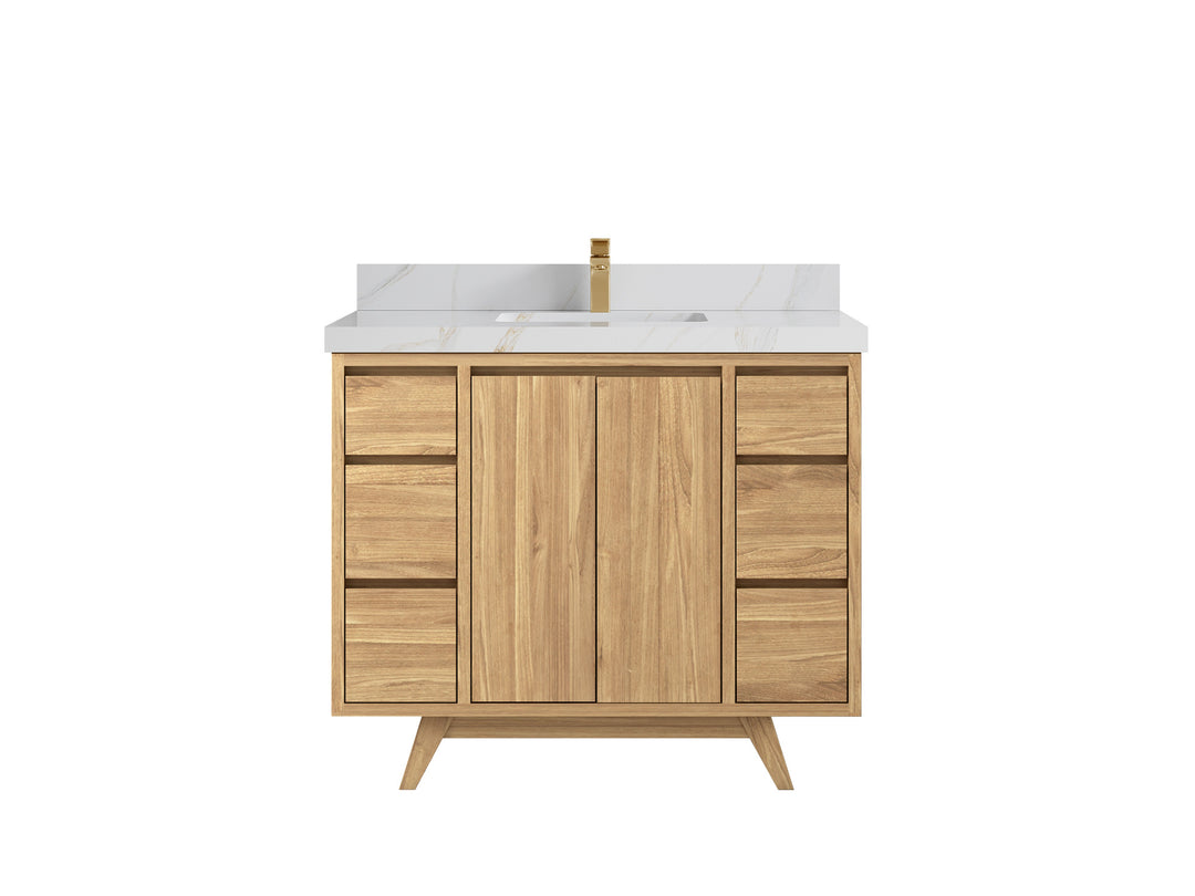 Madison Teak 42 in. W x 22 in. D Single Sink Bathroom Vanity in Light Natural with 2 in Calacatta Sienna Quartz Countertop