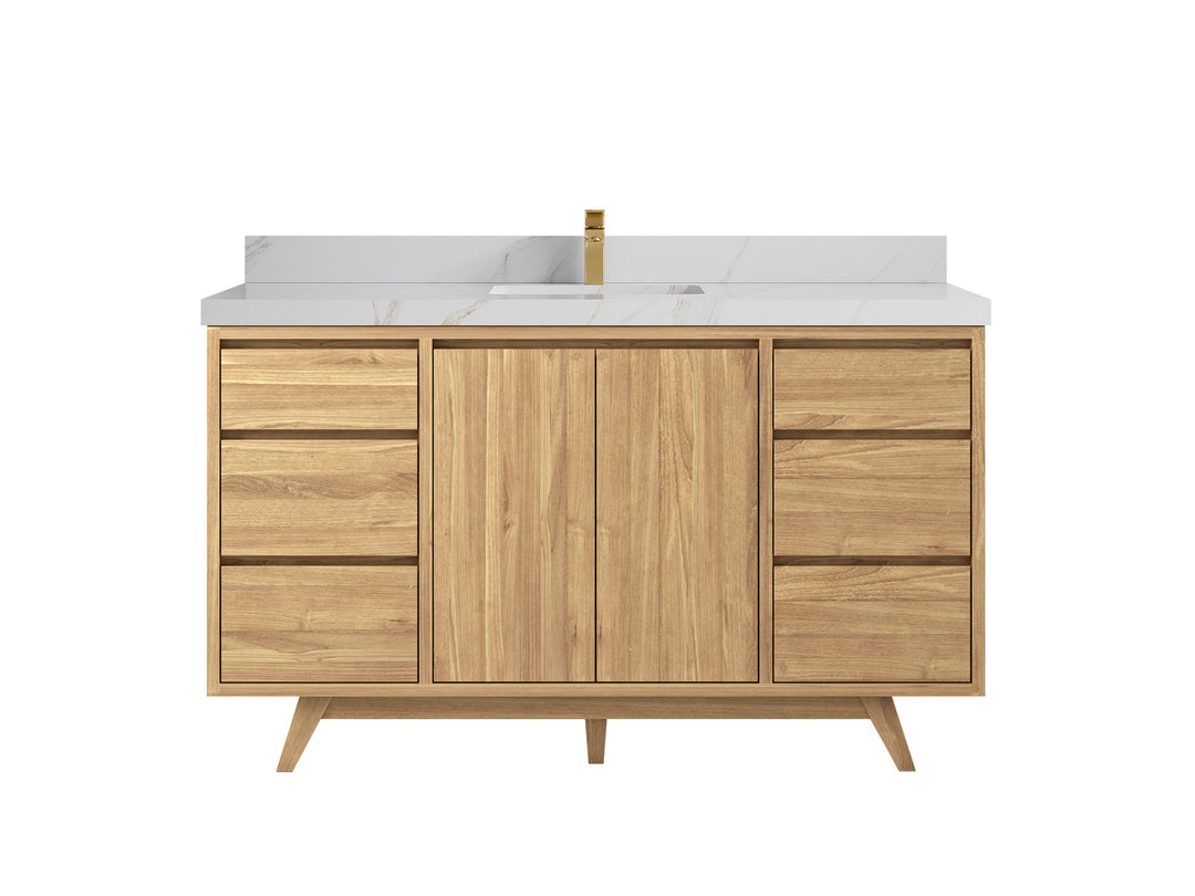 Madison Teak 60 in. W x 22 in. D Single Sink Bathroom Vanity in Light Natural with 2 in Calacatta Sienna Quartz Countertop