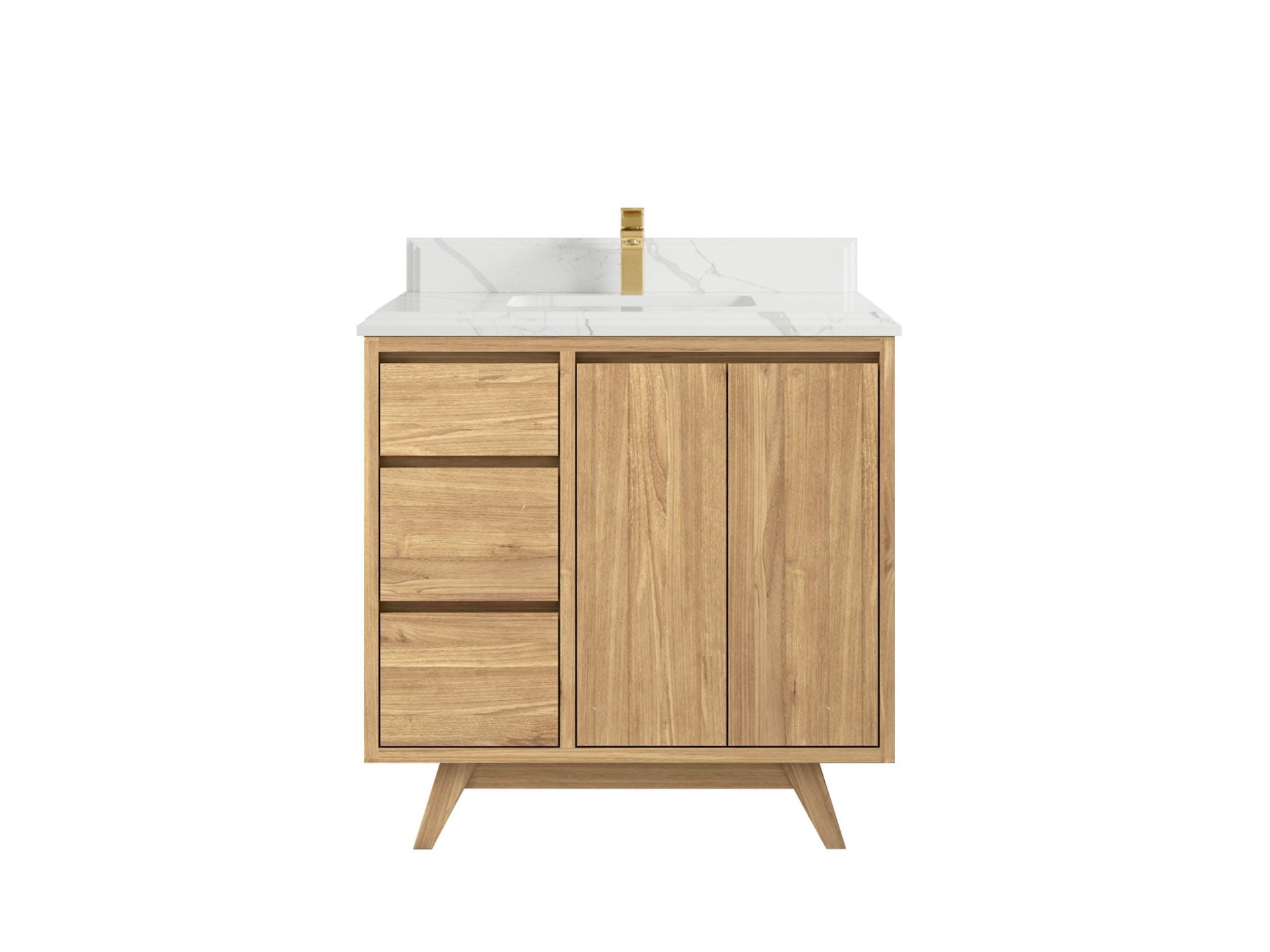 Madison Teak 36 in. W x 22 in. D Center Sink Bathroom Vanity in Light Natural with 1.5 in Calacatta Laza Quartz Countertop