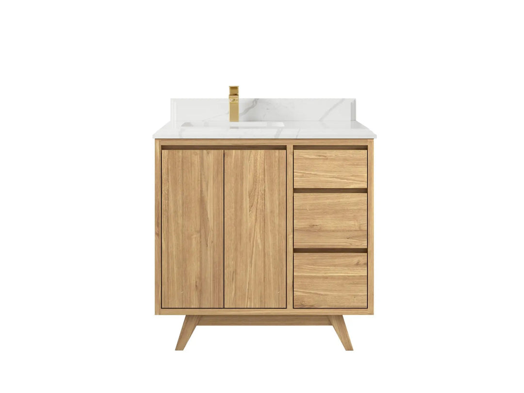 Madison Teak 36 in. W x 22 in. D Left Offset Sink Bathroom Vanity in Light Natural with 1.5 in Calacatta Laza Quartz Countertop