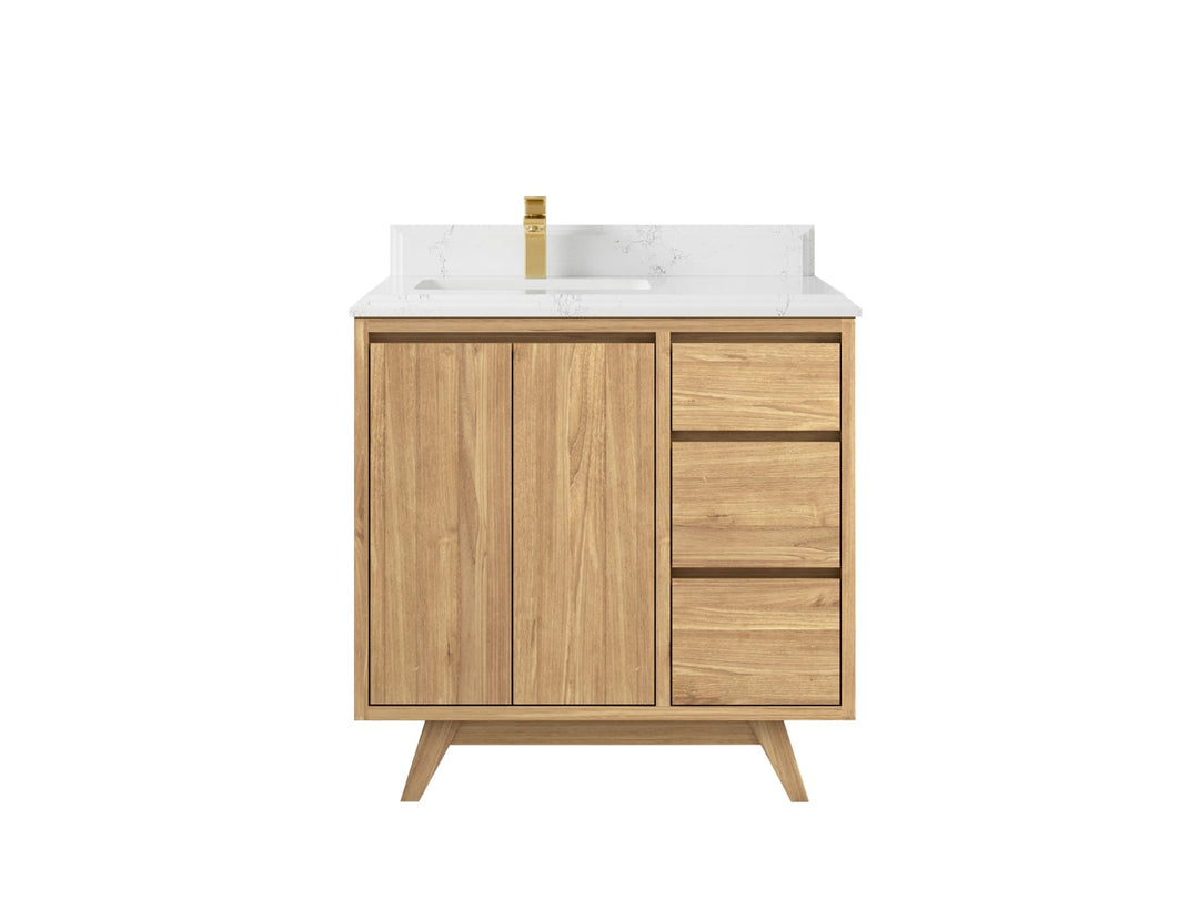 Madison Teak 36 in. W x 22 in. D Left Offset Sink Bathroom Vanity in Light Natural with 1.5 in Empira White Quartz Countertop 