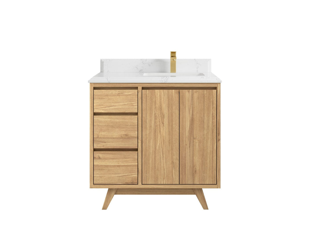 Madison Teak 36 in. W x 22 in. D Right Offset Sink Bathroom Vanity in Light Natural with 1.5 in Empira White Quartz Countertop 