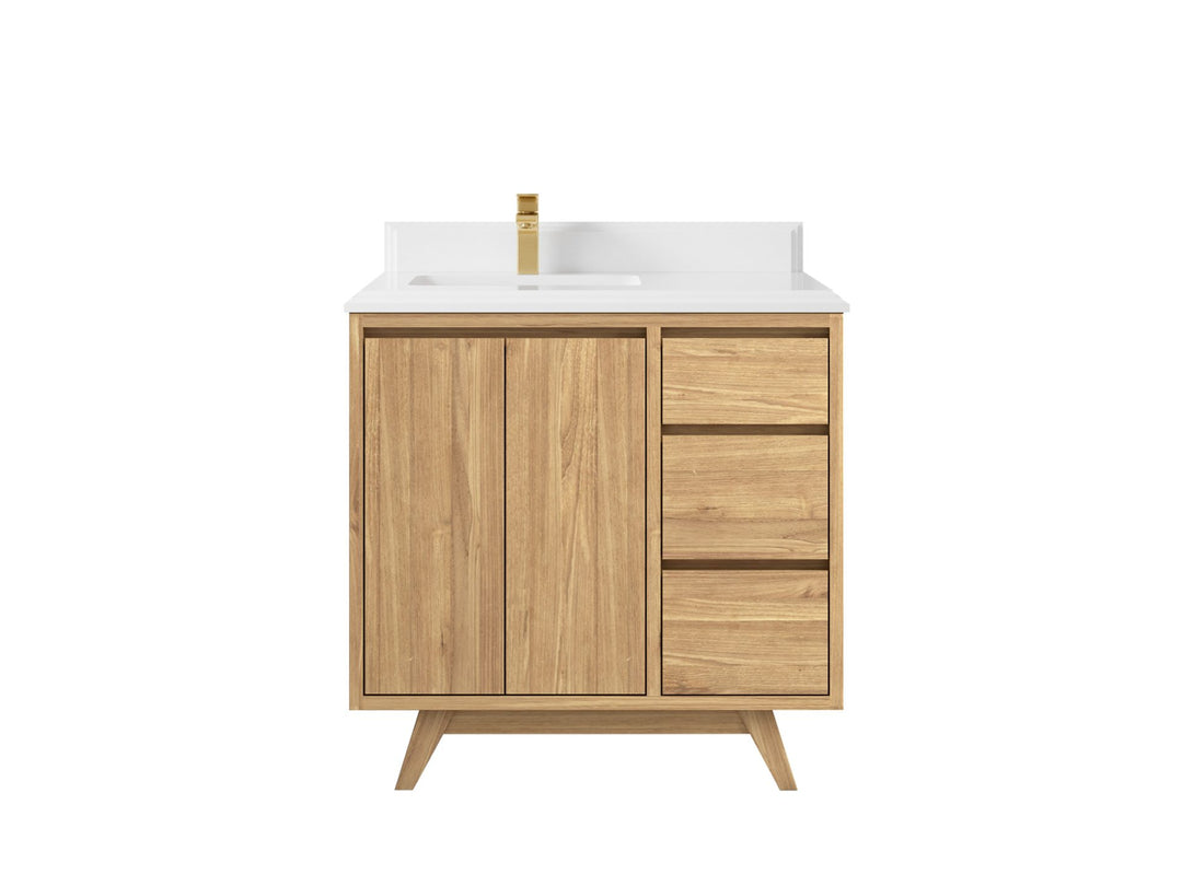 Madison Teak 36 in. W x 22 in. D Left Offset Sink Bathroom Vanity in Light Natural with 1.5 in White Quartz Countertop