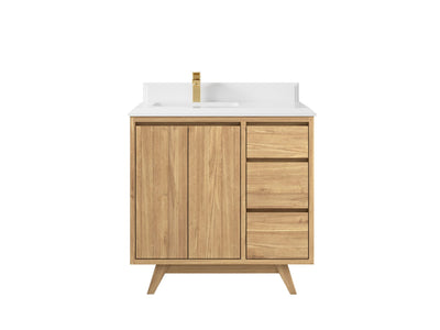 Madison Teak 36 in. W x 22 in. D Left Offset Sink Bathroom Vanity in Light Natural with 1.5 in White Quartz Countertop