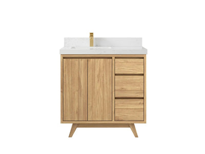 Madison Teak 36 in. W x 22 in. D Left Offset Sink Bathroom Vanity in Light Natural with 2 in Empira White Quartz Countertop