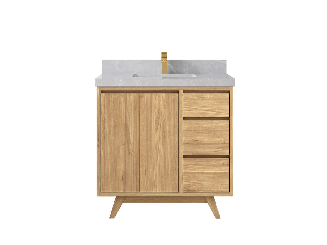 Madison Teak 36 in. W x 22 in. D Center Sink Bathroom Vanity in Light Natural with 2 in Pearl Light Gray Quartz Countertop 