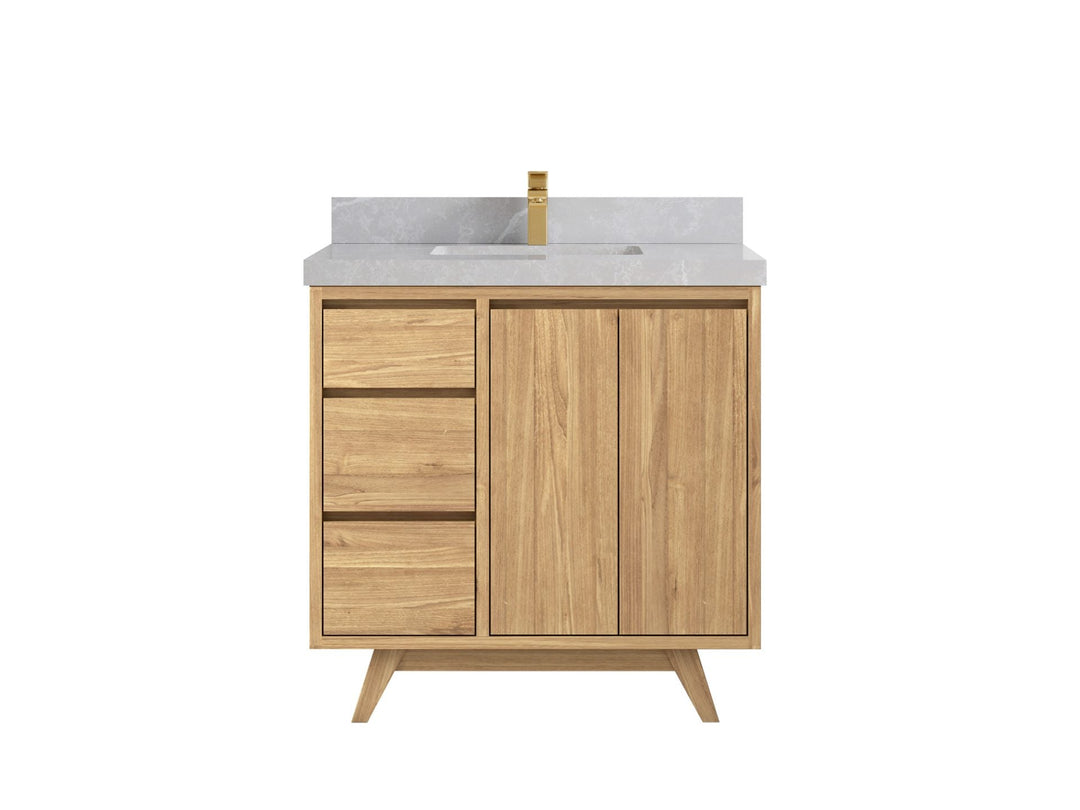 Madison Teak 36 in. W x 22 in. D Center Sink Bathroom Vanity in Light Natural with 2 in Pearl Light Gray Quartz Countertop 