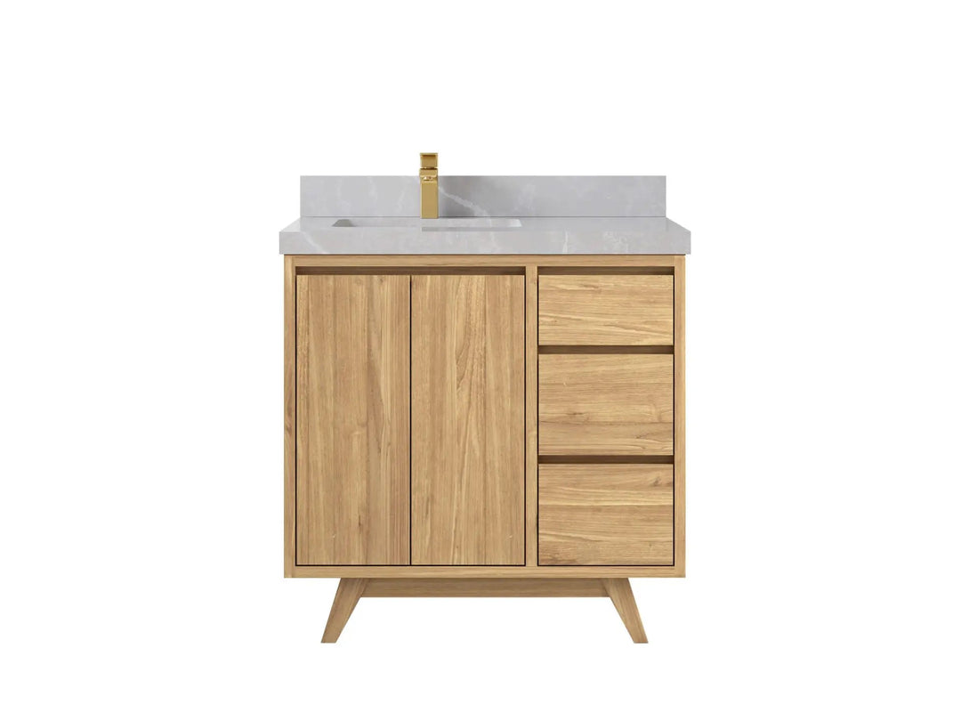 Madison Teak 36 in. W x 22 in. D Left Offset Sink Bathroom Vanity in Light Natural with 2 in Pearl Light Gray Quartz Countertop 