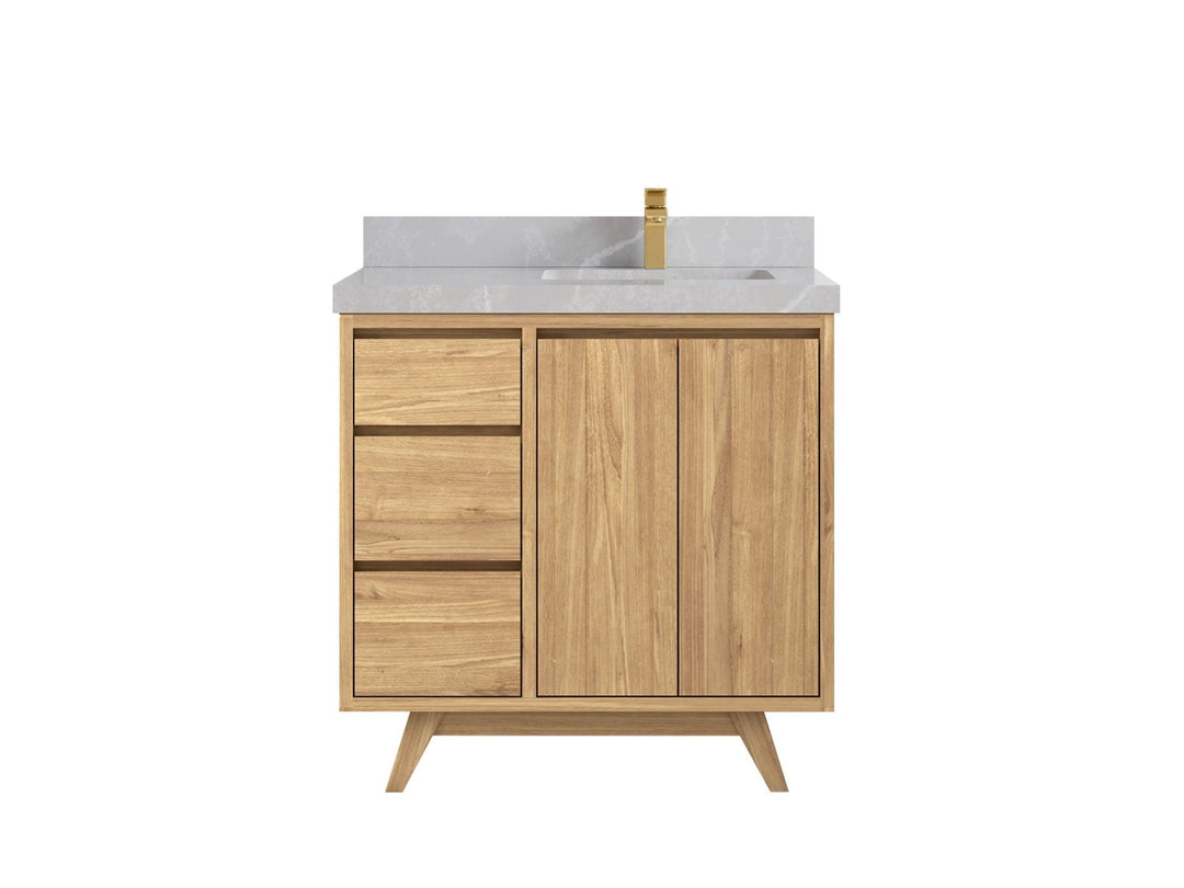Madison Teak 36 in. W x 22 in. D Right Offset Sink Bathroom Vanity in Light Natural with 2 in Pearl Light Gray Quartz Countertop 