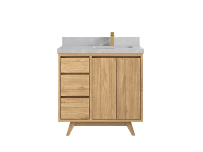 Madison Teak 36 in. W x 22 in. D Right Offset Sink Bathroom Vanity in Light Natural with 2 in Pearl Light Gray Quartz Countertop