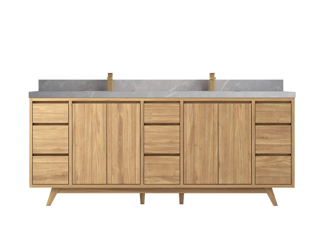 Madison Teak 84 in. W x 22 in. D Double Sink Bathroom Vanity in Light Natural with 2 in Pearl Light Gray Quartz Countertop 