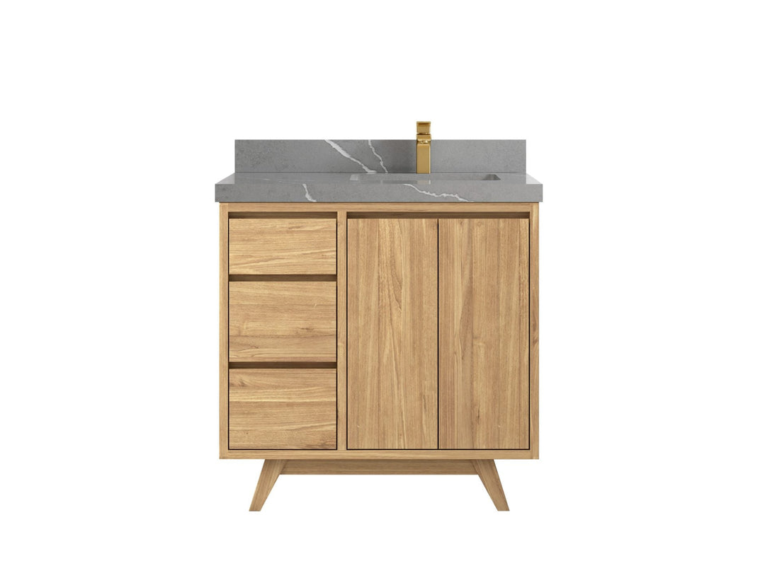 Madison Teak 36 in. W x 22 in. D Right Offset Sink Bathroom Vanity in Light Natural with 2 in Piatra Gray Quartz Countertop