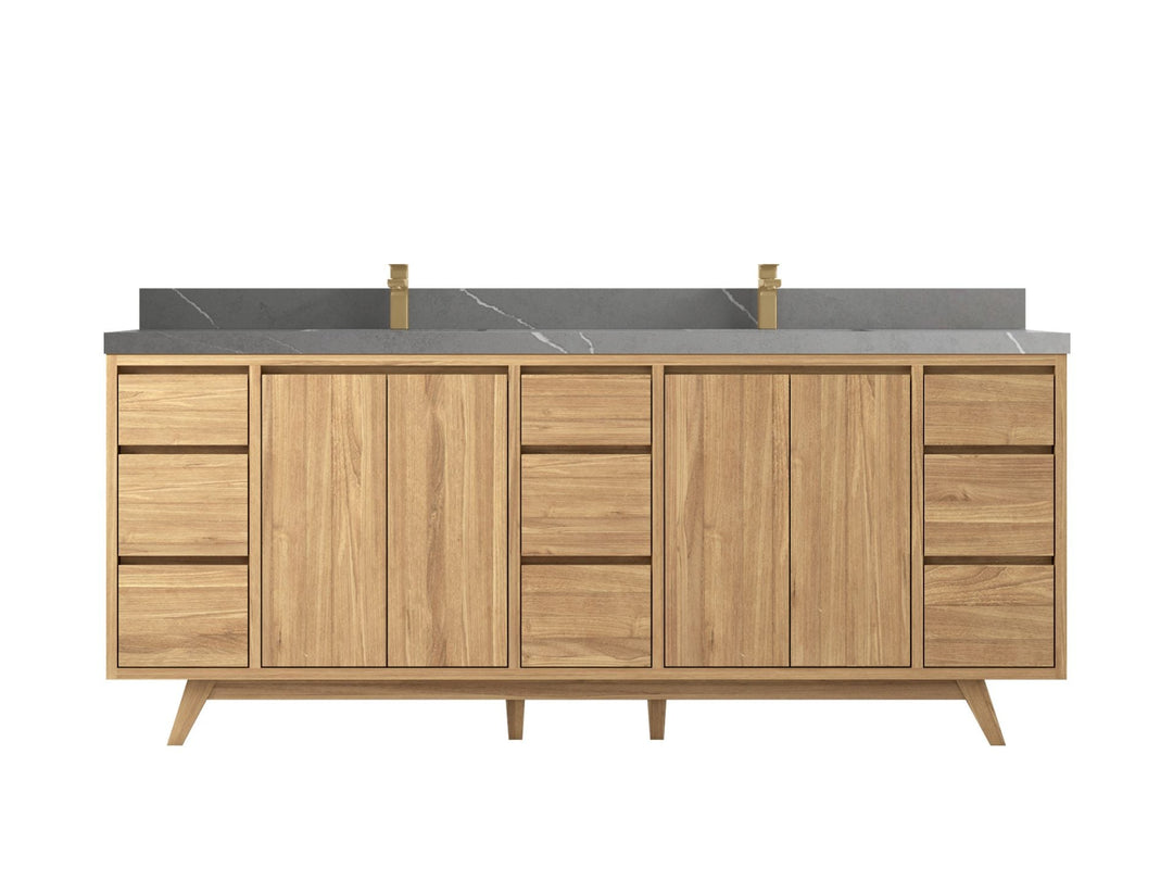 Madison Teak 84 in. W x 22 in. D Double Sink Bathroom Vanity in Light Natural with 2 in Piatra Gray Quartz Countertop