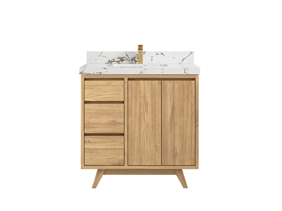 Madison Teak 36 in. W x 22 in. D Center Sink Bathroom Vanity in Light Natural with 2 in Viola Brown Quartz Countertop 