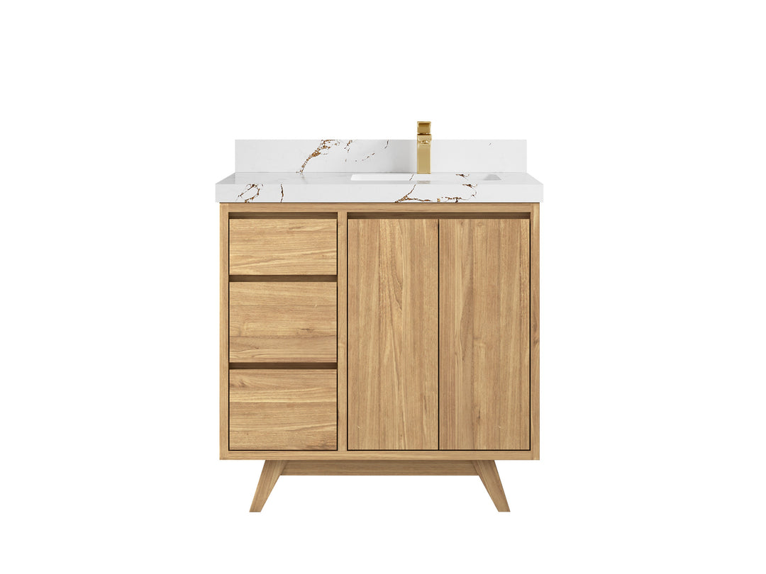 Madison Teak 36 in. W x 22 in. D Right Offset Sink Bathroom Vanity in Light Natural with 2 in Viola Brown Quartz Countertop 