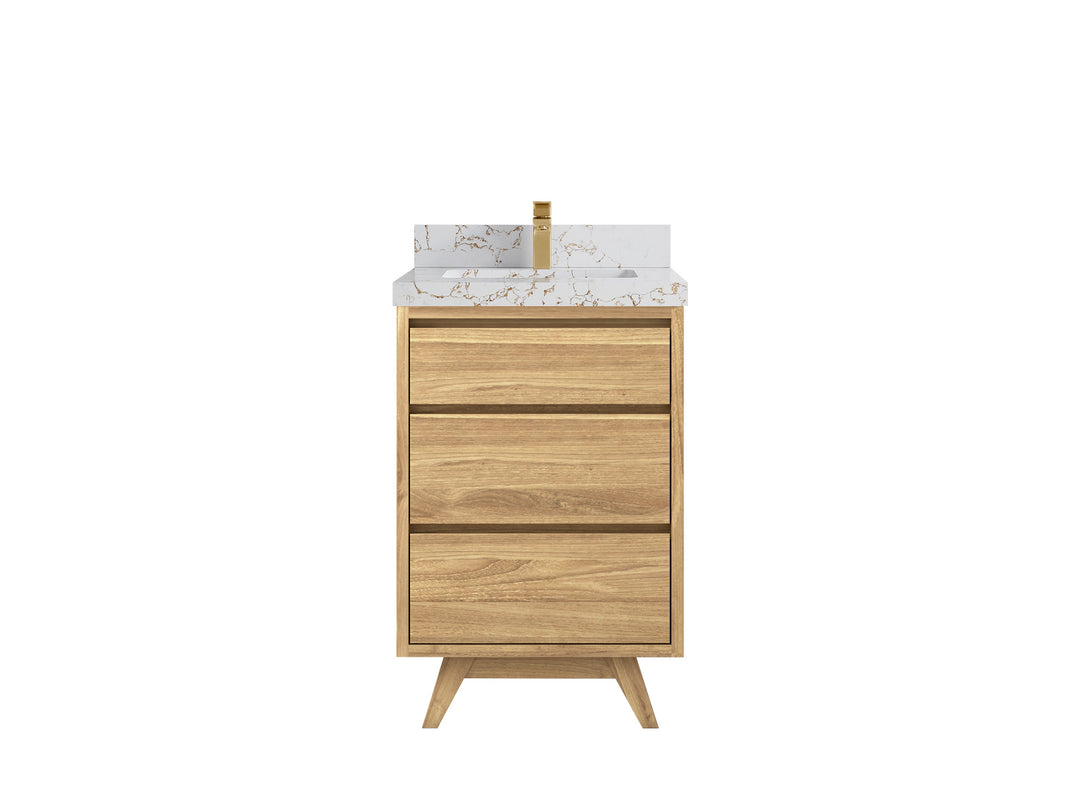 Madison Teak 24 in. W x 22 in. D Single Sink Bathroom Vanity in Light Natural with 2 in Viola Gold Quartz Countertop 