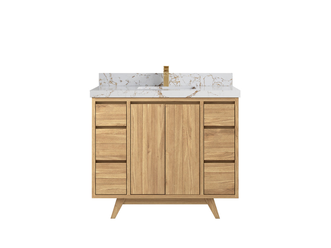 Madison Teak 42 in. W x 22 in. D Single Sink Bathroom Vanity in Light Natural with 2 in Viola Gold Quartz Countertop 