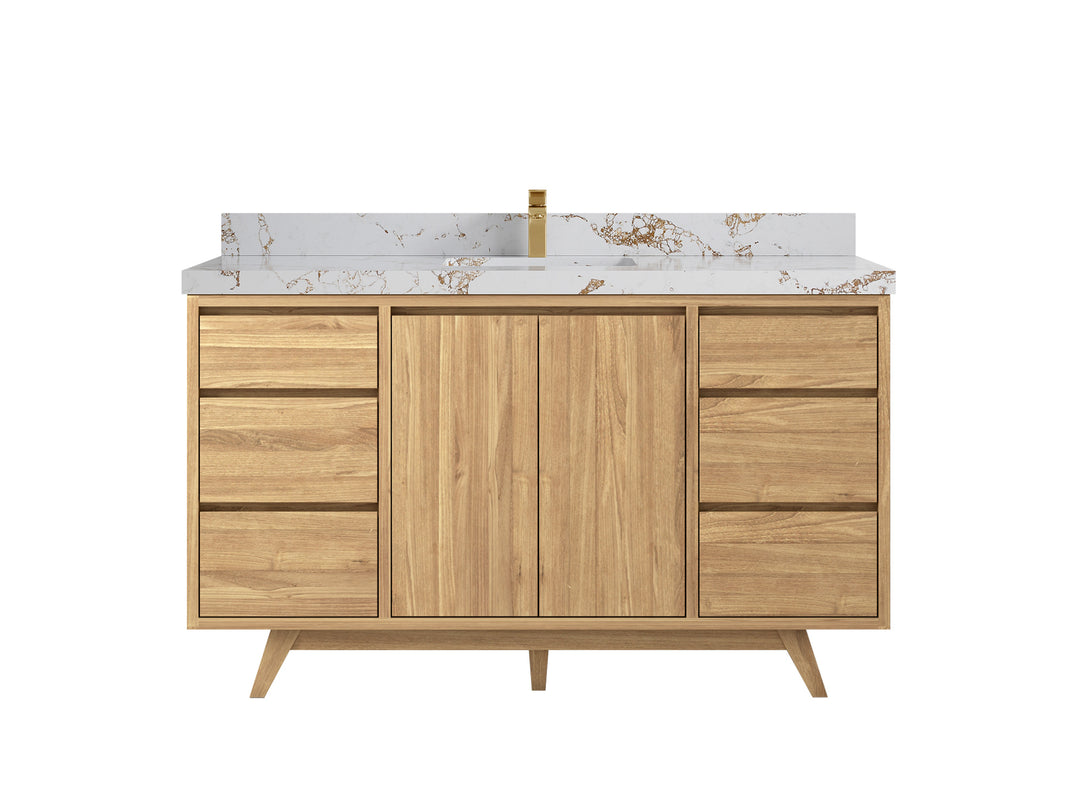 Madison Teak 60 in. W x 22 in. D Single Sink Bathroom Vanity in Light Natural with 2 in Viola Gold Quartz Countertop 