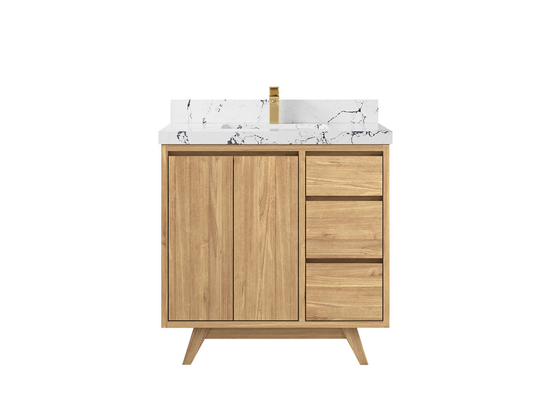Madison Teak 36 in. W x 22 in. D Center Sink Bathroom Vanity in Light Natural with 2 in Viola Night Quartz Countertop 