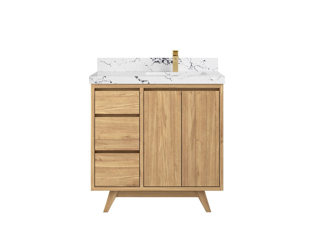 Madison Teak 36 in. W x 22 in. D Right Offset Sink Bathroom Vanity in Light Natural with 2 in Viola Night Quartz Countertop 