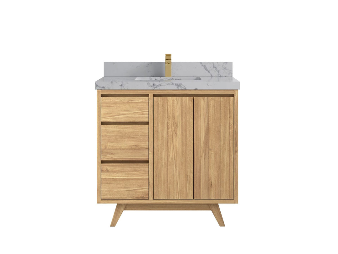 Madison Teak 36 in. W x 22 in. D Center Sink Bathroom Vanity in Light Natural with 2 in Venatino Quartz Countertop